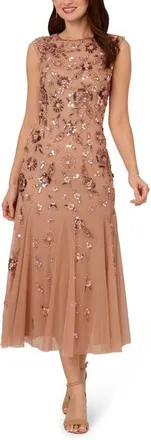 Adrianna Papell Embellished Mesh Midi Cocktail Dress in Rose Gold at Nordstrom, Size 16