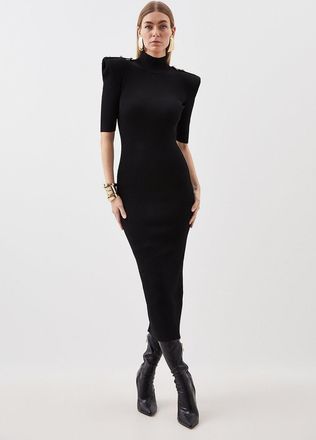 Karen Millen Womens Viscose Blend Rib Knit Power Shoulder Military Trim Maxi Dress - Black - Size Small