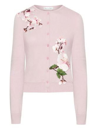 Oscar De La Renta floral-embellished cardigan - women - Virgin Wool - L - Pink
