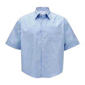 Ami Boxy Blauw Kasjmier Overhemd - Heren - Korte mouwen Overhemden - Blauw - M - Kasjmier - Overhemden