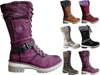 Generic Womens Lace Up Boots Plush Warm Anti-Slip Snow Booties with Side Zipper Round Toe Belt Buckle Military Combat Shoes Chunky Low Heel Mid Calf Hiking Bo