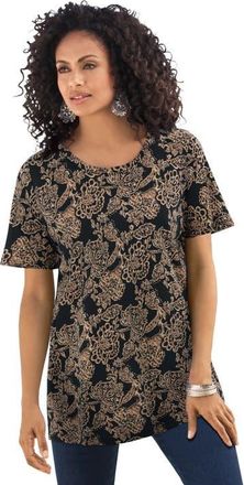Roaman's Plus Size Cotton Ultimate Crewneck Tee in Black Lacey Batik at Nordstrom, Size Medium