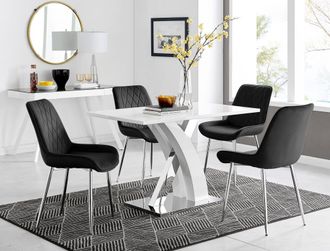 Furniturebox Atlanta White High Gloss & Chrome 4 Seater Dining Table with X Shaped Legs & 4 Soft Velvet Pesaro Chairs in Black