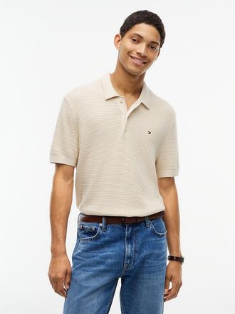 Tommy Hilfiger Mens Short-Sleeve Cotton-Cashmere Sweater Polo - Heathered Oatmilk - XL