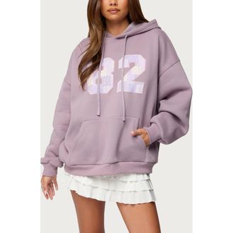 Edikted 82 Appliqu&eacute; Oversize Hoodie in Purple at Nordstrom, Size X-Small