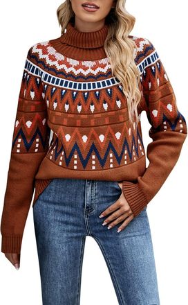 Generic Fairisle Jumper Women Winter Thick Polo Neck Knitted Jumpers Dressy Casual Pullover Turtleneck Sweaters Thermal Warm Fair Isle Sweater High Neck Knitw