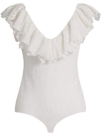 Alberta Ferretti Fitted V-Neck Bodysuit with Ruffled Lace Trim