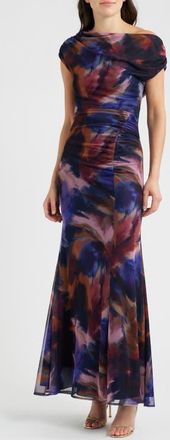 Vince Camuto Asymmetric Ruched Mesh Gown in Navy Multi at Nordstrom, Size 12