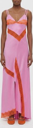 Msgm Abito lungo slip dress in raso con inserti in pizzo e spacco frontale