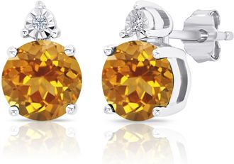 MAX + STONE 925 Sterling Silver 7mm Gemstone and Diamond Accent Halo Round Stud Earrings