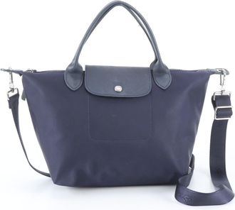Longchamp Navy Leather Nylon Handbag Shoulder Bag Tote Bag (Pre-Owned)