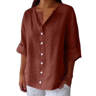 Generic Ladies Plus Size 3/4 Sleeve Linen Tops for Women UK Sales Short Sleeve Cotton Linen Tops Summer V Neck Casual Loose Vacation Beach Solid Color Blouses