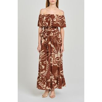 Wayf Indie Floral Print Off the Shoulder Maxi Dress in Chocolate Batik at Nordstrom, Size X-Large