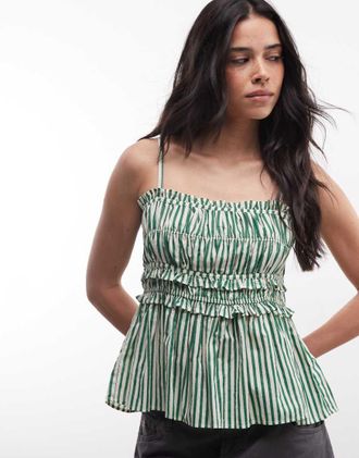AllSaints Kali - Canottiera arricciata verde e bianca a righe-Bianco