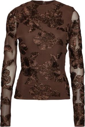 Rotate ROTATE Birger Christensen, Long Sleeve Tops, female, Brown, Size: XS Dark Brown Flower Mesh LS Top