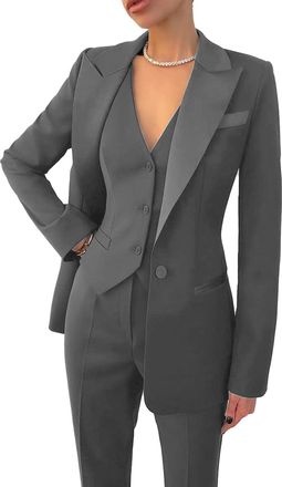 Generic Womens 3 Piece Suit Set Notch Lapel Long Sleeve Blazer Jacket Vest and Pants Formal Business Tuxedo Suits for Evening Party, Grey, 16