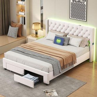 OEM Cama 180x200 Cm - 240704hxf - Usb - Led - Estilo Moderno - Terciopelo - Estructura De Cama Para Adultos 180x200 Cm - Beige