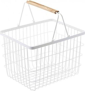 Yamazaki Tableware Cesto per biancheria in metallo bianco con manici in legno H38.5cm