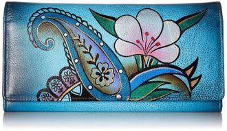 Anuschka Womens Hand Painted Leather Multi Pocket Wallet, Denim Paisley, One Size