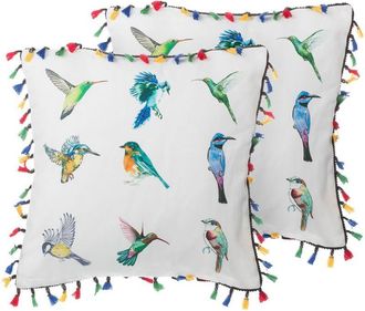 Beliani Conjunto De Cojines Decorativos Con Estampado De P&aacute;jaros Multicolor 45 X 45 Cm Decoraci&oacute;n Moderna Con Borlas Mallow