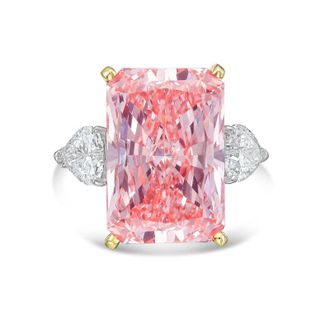 Diana M. Jewels 18kt Yellow gold Lab grown 5ct Fancy pink radiant diamond ring with heart diamonds on the side and micropave band
