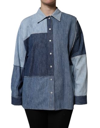 Dolce & Gabbana Womens Patchwork Denim Shirt Long Sleeves - Light Blue Cotton - Size EU 40 (Womens)