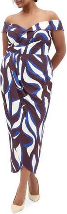 City Chic Clair Print Off the Shoulder Midi Dress in Cocoa Swirl at Nordstrom Rack, Size Xs/14W