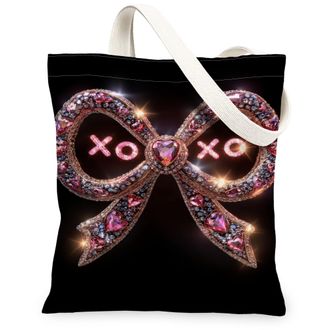 Generic Elegant Black Canvas Tote Bag, Glamorous Heart Pattern Reusable Grocery Bag, Lightweight Washable Shoulder Strap Tote for S, Black, 13x15 Inch