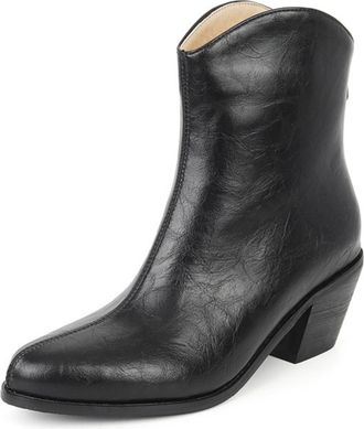 Generic Womens Retro Crinkled Leather Ankle Boots with Chunky Cowboy Heel Pointed Toe Side Zipper Design for Daily Streetwear Weekend,Black,6.5 UK