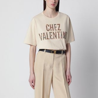 Valentino Ivory cotton T-shirt with Chez Valentino floral motif