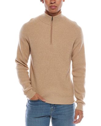 Amicale Cashmere Two-Tone Plaited Rib Cashmere 1/4-Zip Sweater