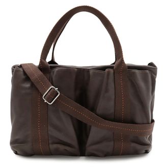 Herm&egrave;s Dark Brown Navy Orange Veau Derma Shoulder Bag Tote Bag (Pre-Owned)