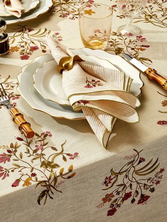 Volga Linen Scarlet Flax & Field Flowers Overlock-Stitch Linen Rectangular Tablecloth (157.5in/4m)