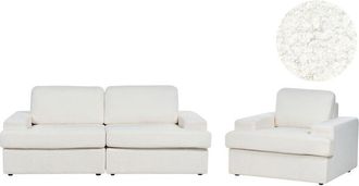 Beliani Conjunto De Sala De Estar Cl&aacute;sico 4 Plazas Sof&aacute; Sill&oacute;n Tapizado Con Sill&oacute;n Respaldo Acolchado Grueso Acolchado Boucl&eacute; Blanco Alla