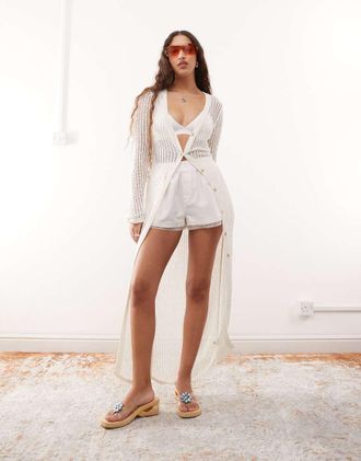 Monki open knit maxi cardigan in white