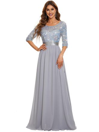 Ever-pretty Womens Elegant 3/4 Sleeves Sequin Empire Waist A Line Chiffon Mother of The Bride Dresses Silver 24UK