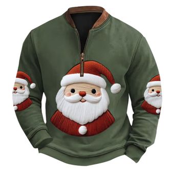 Generic Mens Sweatshirts Jumpers 3D Christmas Print Zipper Long Sleeved Long Sleeve Casual Sweatshirt (Green, XXL)