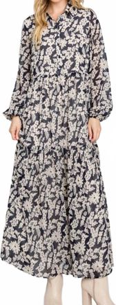 Calista Oslo Long Sleeve Floral Patterned Tiered Midi Dress In Navy With Ivory