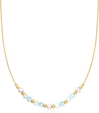RS Pure by Ross-Simons Aquamarine and 4-4.5mm Prehnite Bead Station Necklace With 4.5-5mm Cultured Pearls in 18kt Gold Over Sterling