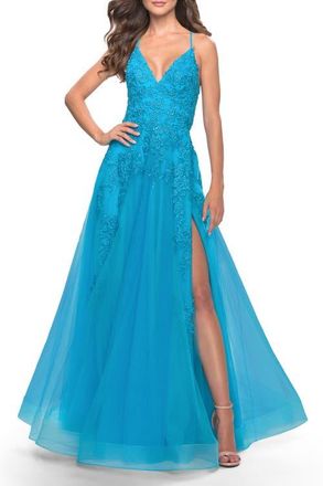 La Femme Tulle Prom Dress with Floral Detail and Side Slit in Aqua at Nordstrom, Size 10