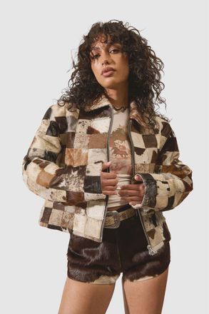 NASTY GAL Patchwork Cow Hide Real Leather Jacket in Animal at Nordstrom, Size 10
