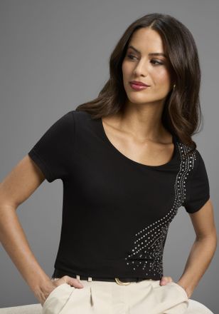 Laura Scott T-Shirt LAURA SCOTT, Damen, Gr. 32/34, schwarz, Single Jersey, Obermaterial: 95% Viskose, 5% Elasthan, Glitzermuster, figurbetont h&uuml;ftlang, Rundhals, 