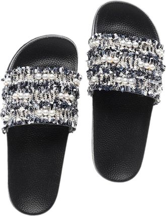 UPKOCH Braided Pearl Flat Sandals for Women Woven Summer Slippers with Comfortable Lightweight PVC Flat Design for Indoor Outdoor Casual and Formal Wear Blac
