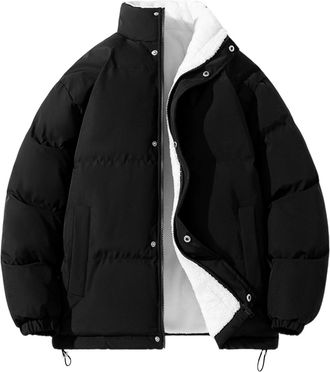 Generic Mens Fleece Jackets Full Zip Sherpa Lined Puffer Jacket Plain Long Sleeve Warm Winter Coat Stand Collar Thick Padded Cotton Quilted Coats Windproof Ou