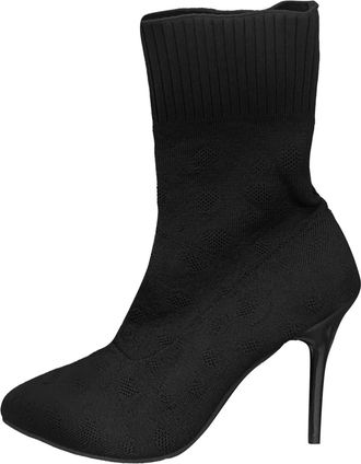 Generic Winter 2025 Fashion Large Size Knitted Elastic Pointed Toe Mid Thigh High Heel Ankle Boots For Women Foreign Trade Design (Black, 5. 5)