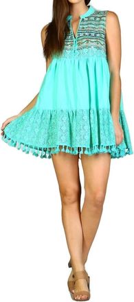 Velzera Lace & Fringe Embroidered Sleeveless Dress In Mint