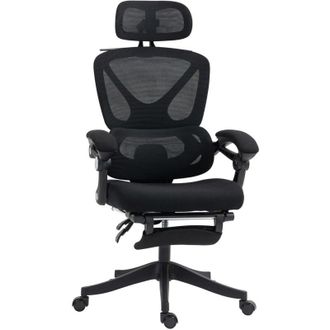 HOMCOM Homcom - Silla De Escritorio De Malla Reclinable Con Reposacabezas Soporte Lumbar Reposapi&eacute;s Y Altura Regulable Funci&oacute;n Basculante Carga 135 Kg Negro