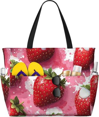 Generic Pink Strawberry Print Large Beach Bag Foldable Travel Shoulder Tote Bag With Pocket For Weekender Pool Vacation