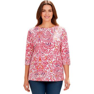 Jessica London Stretch Cotton Boatneck Tunic in Pink Burst Painted Scroll at Nordstrom, Size 40