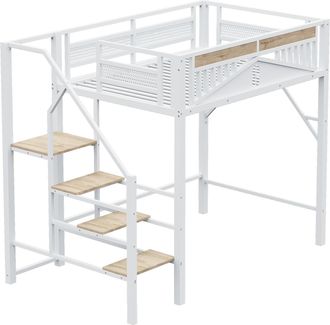 STILVORA Cama Alta Cama Doble Con Escalera Segura, Almacenaje Y Barandilla Con Ventana 140&times;200 Cm, Sin Colch&oacute;n